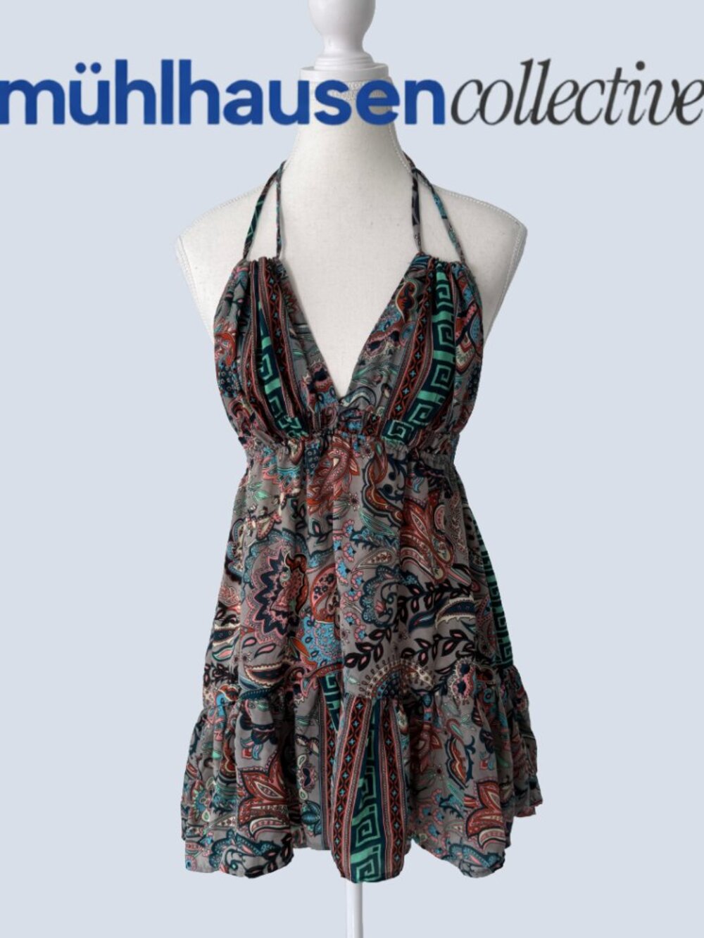 Vintage Paisley Halter Beach Dress in Teal & Brown